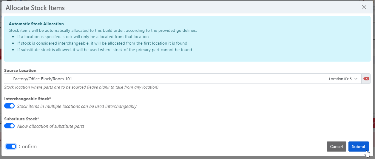Automatic allocation dialog