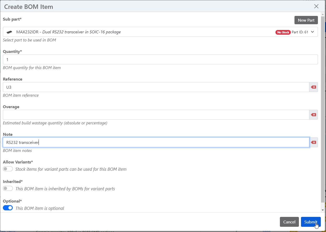 Create BOM Item Form