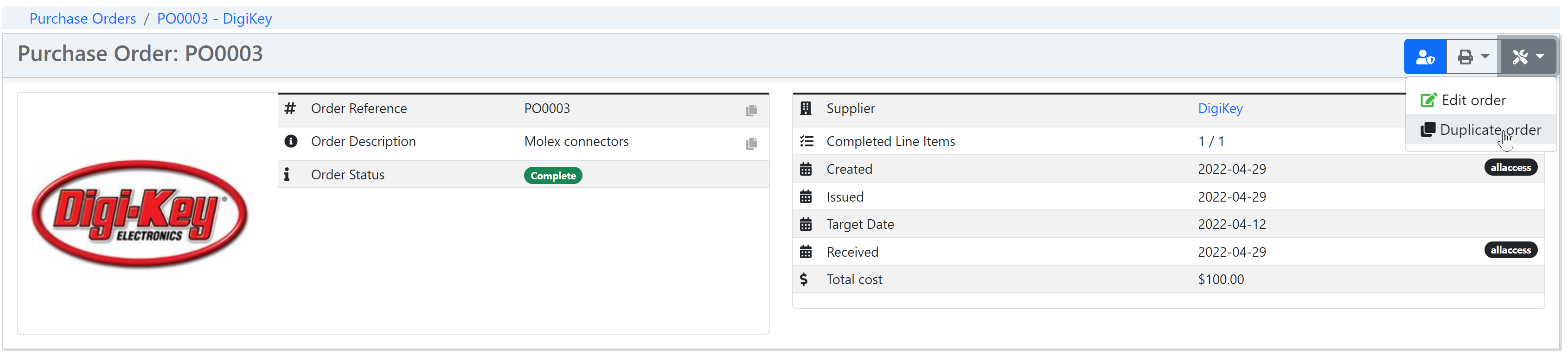 Duplicate Purchase Order