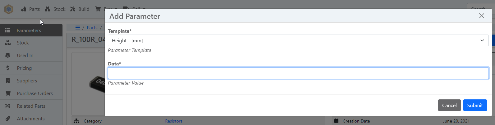 Create Part Parameter Form