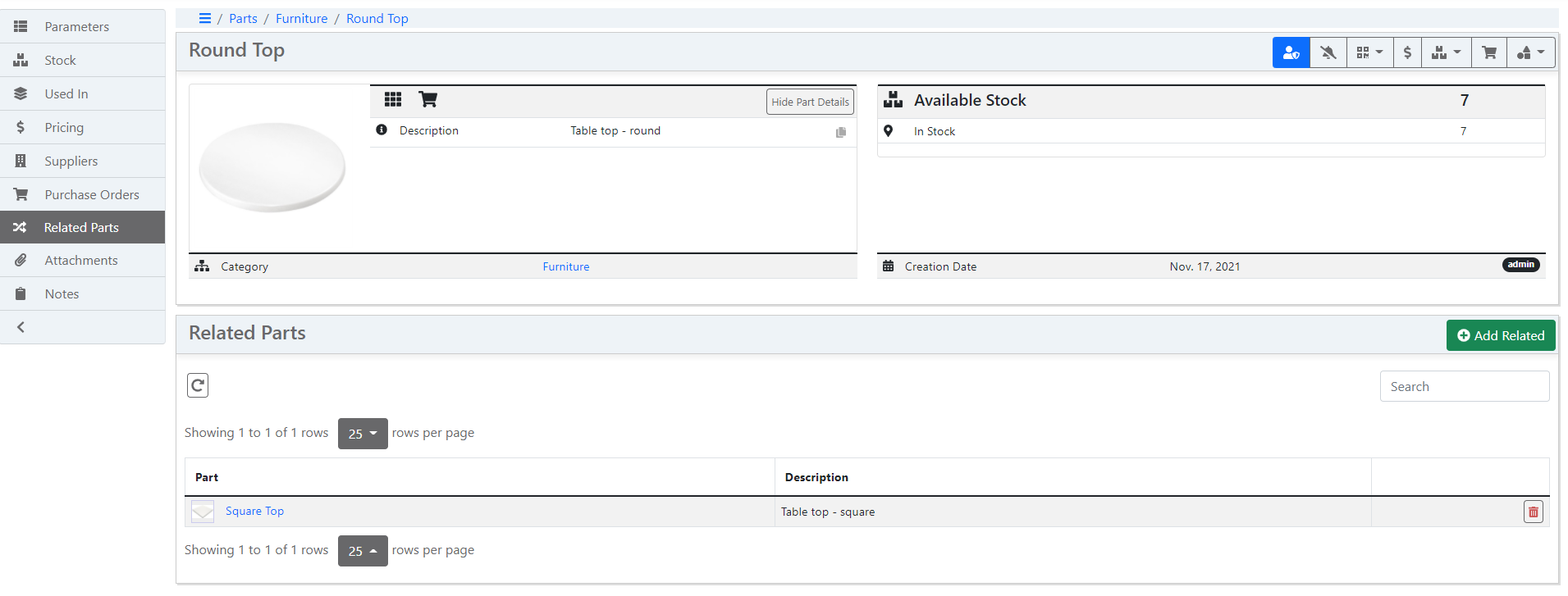 Related Parts Example View