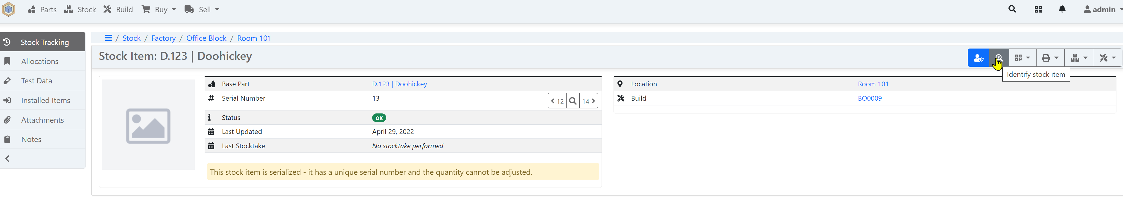 Locate stock item from web interface