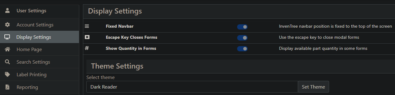 Dark Reader InvenTree color theme